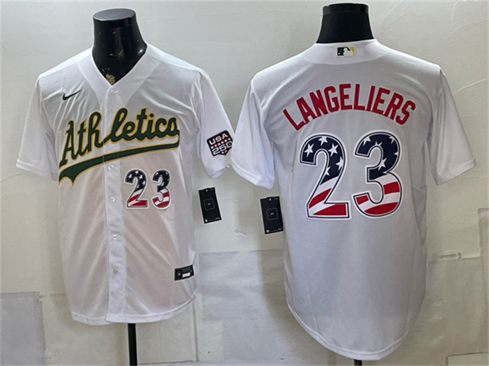 Men's Oakland Athletics #23 Shea Langeliers White 250 Fourth of July Home Stadium Stitched Baseball Jersey